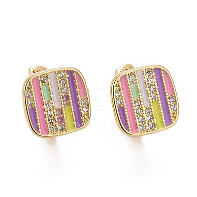 Colorful Enamel Stripe Rectangle Hoop Earrings with Cubic Zirconia EJEW-I265-06G-1