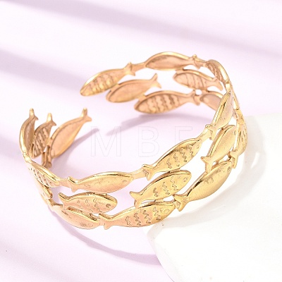 Fish 304 Stainless Steel Cuff Bangles for Women BJEW-A155-02G-1