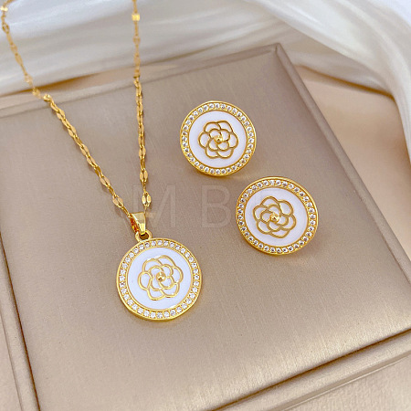 Brass Micro Pave Cubic Zirconia with Enamel Pendant Necklace & Stud Earrings WG7AC39-47-1