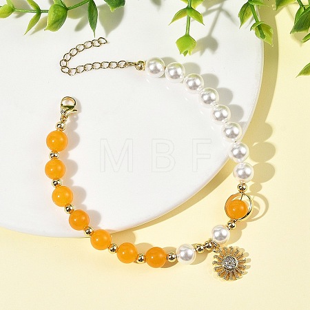 Brass Micro Pave Clear Cubic Zirconia Sun Charm Natural Dyed Malaysia Jade and Shell Pearl Round Beaded Bracelets BJEW-JB14348-1