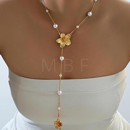 Alloy with Plastic Pearl Flower Long Tassel Y Shaped Pendant Necklaces for Women WG37FD2-01-1