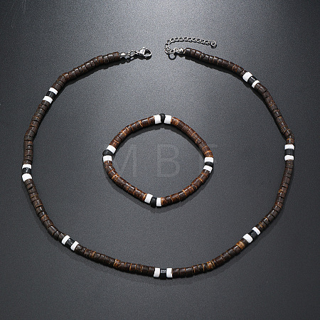 Bohemian Style Coconut Shell with Synthetic Turquoise Rondelle Beaded Necklaces & Bracelets Sets FS-WG8D889-04-1