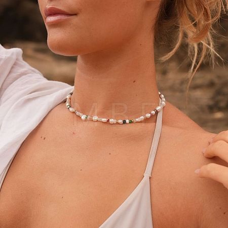 Summer 304 Stainless Steel & Natural Mixed Stone & Freshwater Pearl Beaded Necklaces for Women DA9430-1-1