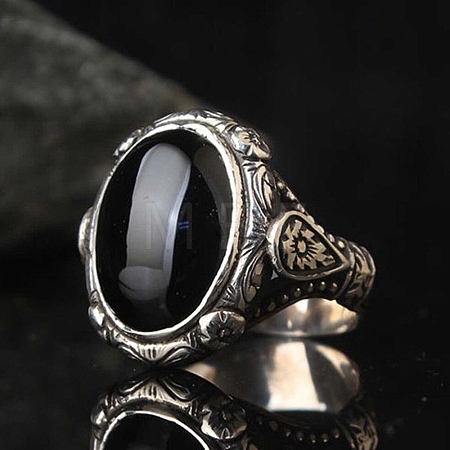 Oval Natural Dyed & Heated Black Agate Finger Rings PW-WG03CB0-01-1