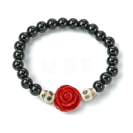 Halloween Theme 8.5mm Synthetic Black Stone Beaded Stretch Bracelets BJEW-JB10882-01-1