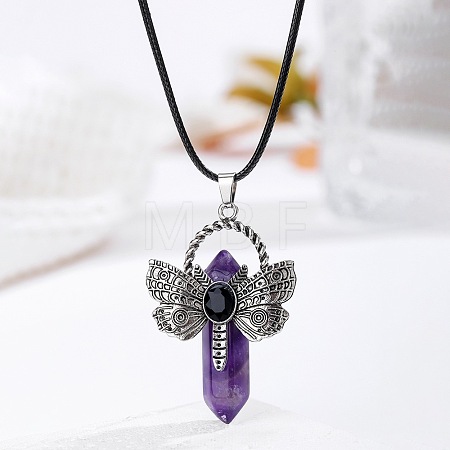 Bohemian Natural Amethyst Pointed Stainless Steel Dragonfly Pendant Black PU Leather Necklaces LW6425-3-1