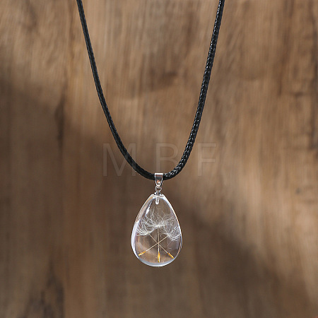 Dandelion Seed in Teardrop Resin Wish Pendant Black Cord Necklaces for Women WGE62B3-04-1