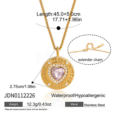 304 Stainless Steel Pave Pink Cubic Zirconia Coin Pendant Box Chain Necklaces for Women WG1E0CB-02-1