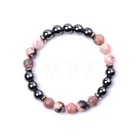 Natural Pink Zebra Jasper & Synthetic Non-magnetic Hematite Round Beads Stretch Bracelets for Women Men KJ2327-6-1