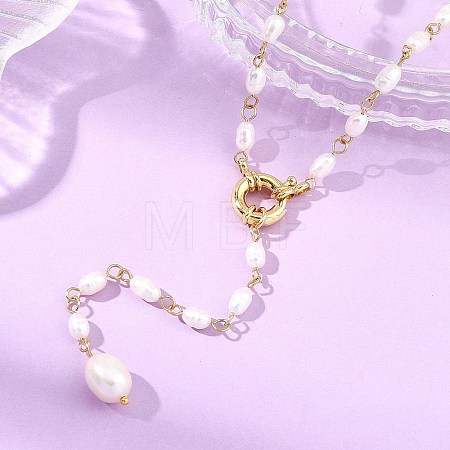Adjustable 304 Stainless Steel Natural Pearl Rice Link Chain Lariat Y Tassel Necklaces for Women NJEW-JN06148-1