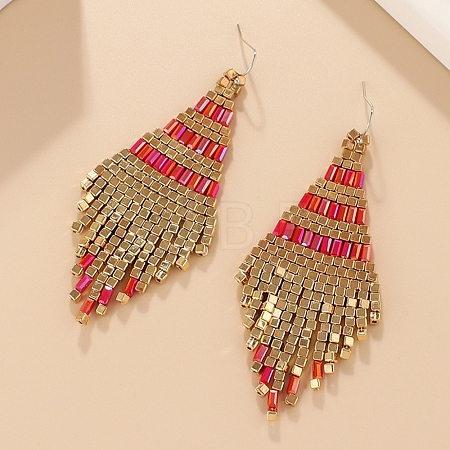 Boho Seed Bead Rhombus Tassel Earrings EJEW-Z072-02A-1