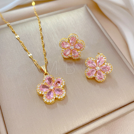 Brass Micro Pave Cubic Zirconia Pendant Necklace & Stud Earrings WG7AC39-27-1