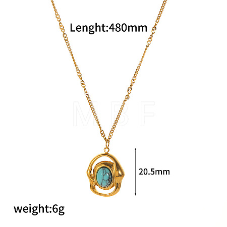 Synthetic Turquoise Oval Pendant 304 Stainless Steel Chain Necklaces for Women FS-WGE9101-10-1