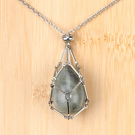 Natural Labradorite Easter Egg Cage Pendant 304 Stainless Steel Cable Chain Necklaces FS-WGA333C-15-1