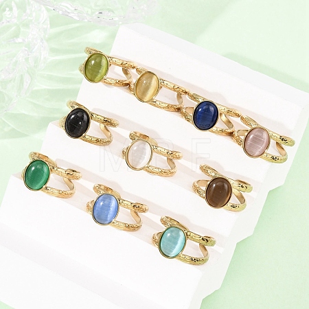 304 Stainless Steel with Glass Cat Eye Cuff Rings for Women RJEW-K309-40G-1
