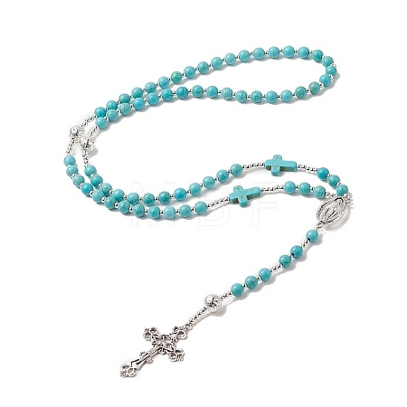 Natural Lava Rock & Synthetic Turquoise Rosary Bead Necklace NJEW-JN04237-01-1