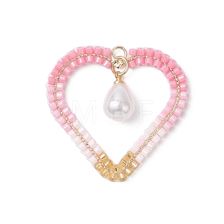 Brass Glass Seed Beaded Heart Pendants PALLOY-MZ01103-1