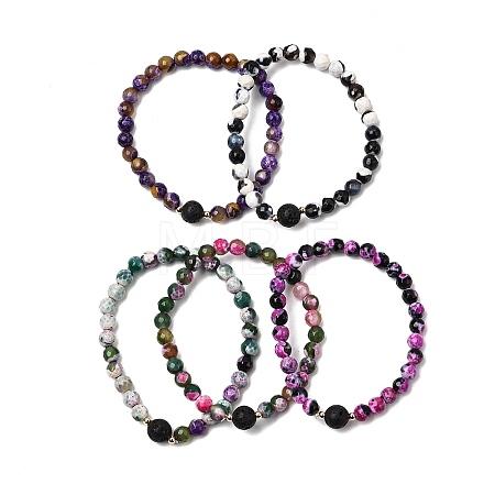 Natural Fire Crackle Agate & Lava Rock Stretch Bracelet BJEW-JB08362-1