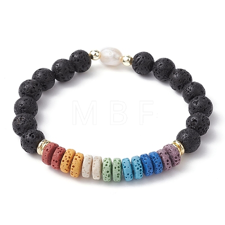 Dyed Natural Lava Rock & Pearl Beaded Stretch Bracelet BJEW-JB09725-1