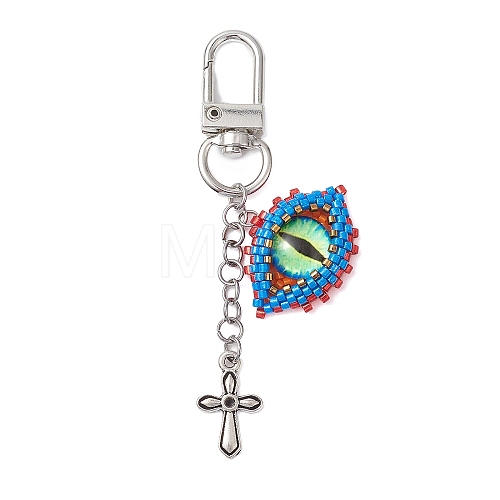 Evil Eye Glass Seed Loom & Cross Alloy Pendant Decoration HJEW-MZ00082-1