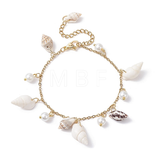 Natural Spiral Shell & Glass Pearl Charm Bracelets BJEW-JB09973-1