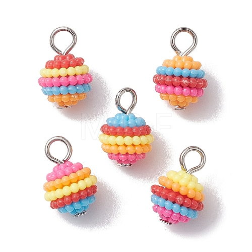 Rainbow Color Resin Waxberry Round Charms with Platinum Tone Iron Loops PALLOY-JF02774-1