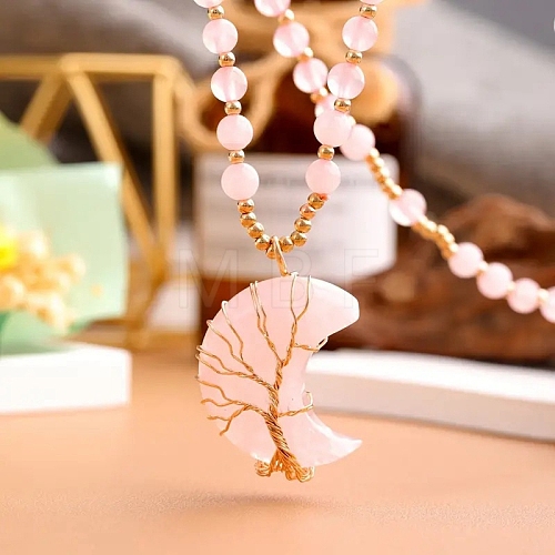 Natural Rose Quartz Copper Wire Wrapped Moon Tree Pendant Necklaces PW-WG35DF9-01-1