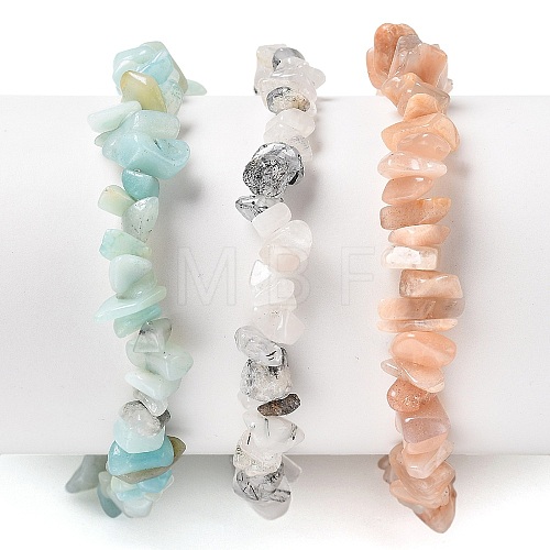 Chips Natural Rutilated Quartz & Flower Amazonite & Sunstone Beaded Stretch Bracelets Sets X-BJEW-JB05332-06-1