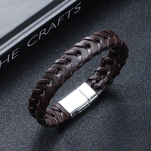 Leather Woven Flat Cord Bracelets PW-WG42872-02-1