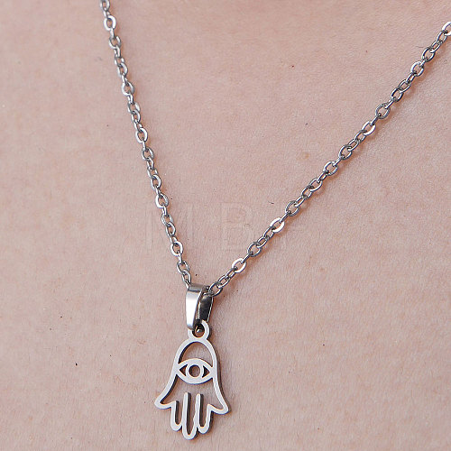 Non-Tarnish 201 Stainless Steel Hamsa Hand with Evil Eye Pendant Necklace NJEW-OY001-18-1