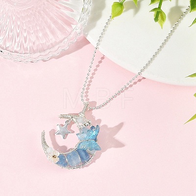 Natural Aquamarine Wire Wrapped Moon with Acrylic Butterfly Pendant 304 Stainless Steel Ball Chain Necklaces NJEW-TA00266-01-1