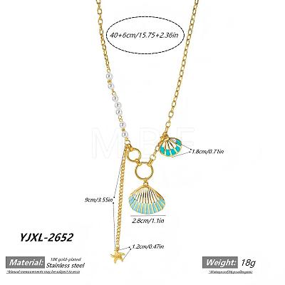Summer Beach 304 Stainless Steel Enamel Shell Shape Pendant Necklaces with White Plastic Pearl for Women WGC94A0-01-1