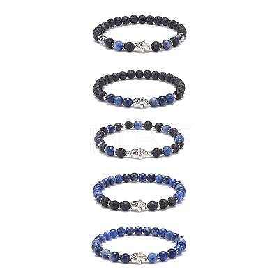 5Pcs 5 Style Natural Lava Rock & Sodalite Stretch Bracelets Set with Alloy Hamsa Hand Beaded BJEW-JB08737-1