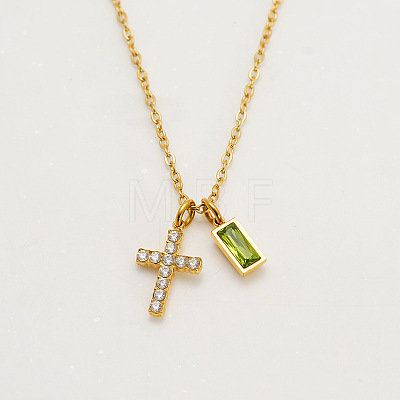 304 Stainless Steel Pave Cubic Zirconia August Birth Stone Religion Cross and Rectangle Pendant Necklaces WG51992-04-1