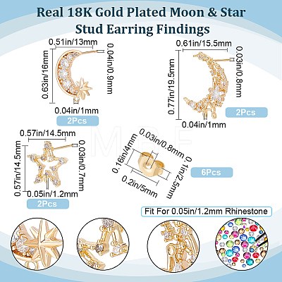 Beebeecraft 6pcs 3 styles Moon & Star Brass Micro Pave Clear Cubic Zirconia Stud Earring Findings with Loops KK-BBC0007-95-1