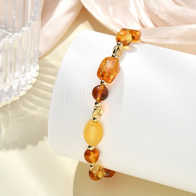 Natural Amber & Brass Beaded Stretch Bracelets for Women Men BJEW-JB13700-1