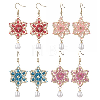 Dyed Natural Malaysia Jade & Glass Seed Beaded Flower with Teardrop Dangle Earrings EJEW-MZ00710-1