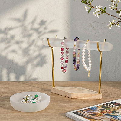 1 Set Iron Display Stands with Rhombus Wooden Base for Natural Selenite Bar ODIS-MA0001-04A-1
