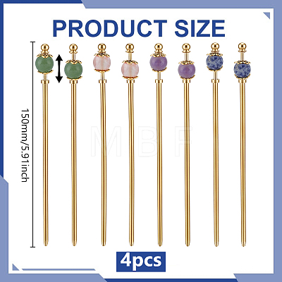 4Pcs 4 Styles Cherry Quartz Glass & Natural Blue Spot Jasper & Natural Green Aventurine & Natural Amethyst & Brass Hair Sticks OHAR-ME00003-1
