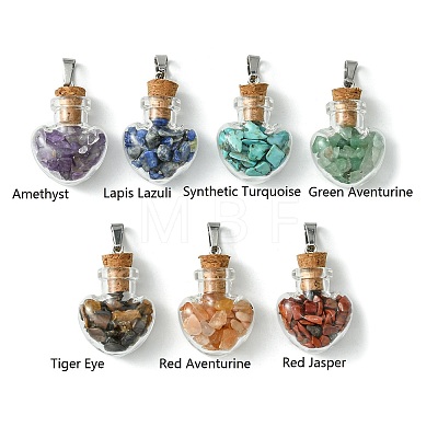7Pcs 7 Styles Natural & Synthetic Mixed Stone Chip Heart Glass Wishing Bottle Pendants PALLOY-JF02502-1