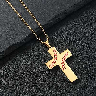 201 Stainless Steel Wheat Cross Pendant Box Chain Necklaces for Women Men NJEW-B124-01G-1