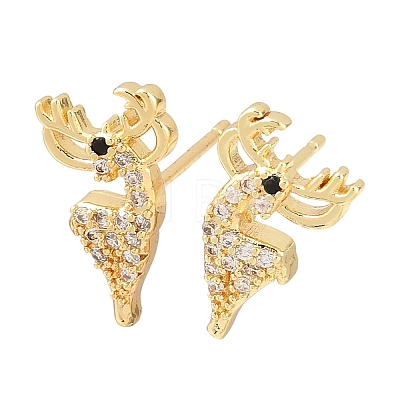 Brass Micro Pave Clear Cubic Zirconia Deer Stud Earrings EJEW-F400-27B-G-1