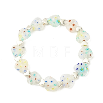 Handmade Millefiori Lampwork & Alloy Heart Beaded Stretch Bracelet BJEW-JB08042-04-1
