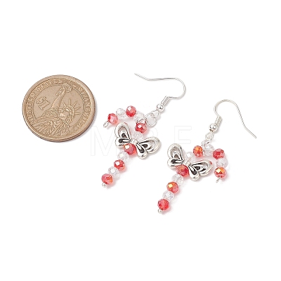 Christmas Bowknot Candy Cane Electroplated Glass Bead & Alloy Dangle Earrings EJEW-TA00502-1