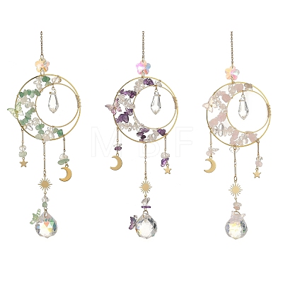 Natural Mixed Gemstone & Brass Ring Suncatcher with 304 Stainless Steel Sun Moon Star Charm HJEW-JM05009-1