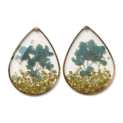 Brass & Transparent Epoxy Resin & Dried Flower Pendants RESI-G133-04G-02-1
