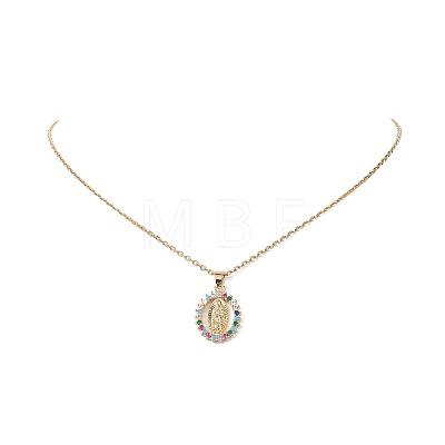 Colorful Cubic Zirconia Oval with Virgin Mary Pendant Necklace NJEW-JN04235-1