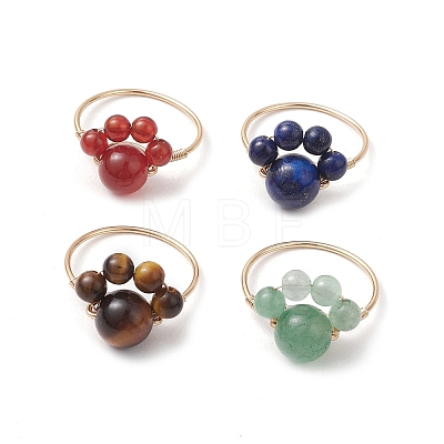 Dog Paw Print Natural Lapis Lazuli & Green Aventurine & Tiger Eye & Carnelian Finger Rings RJEW-TA00179-01-1