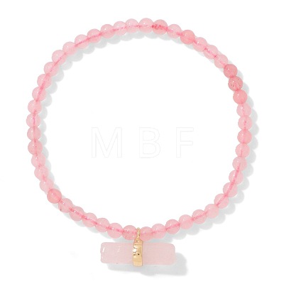 4MM Natural Rose Quartz Round Beaded Stretch Bracelets with Faceted Column Gems Charms WG291B2-01-1