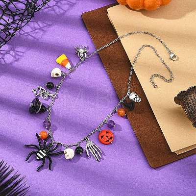 Halloween Alloy Spider Skeleton and Round Natural Gemstone Multi Pendant Bib Necklaces for Women NJEW-TA00276-1